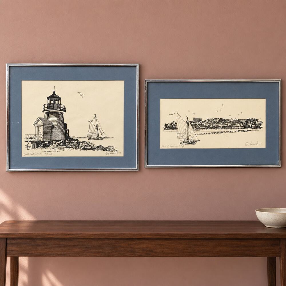 Robert Kennedy Coastal Print Pair Nantucket Lighthouse & Hyannisport Framed